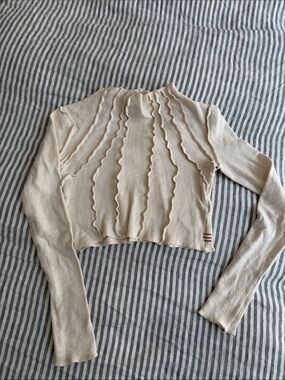 BDG Cream Cropped Ruffle-Trim Long Sleeve Top